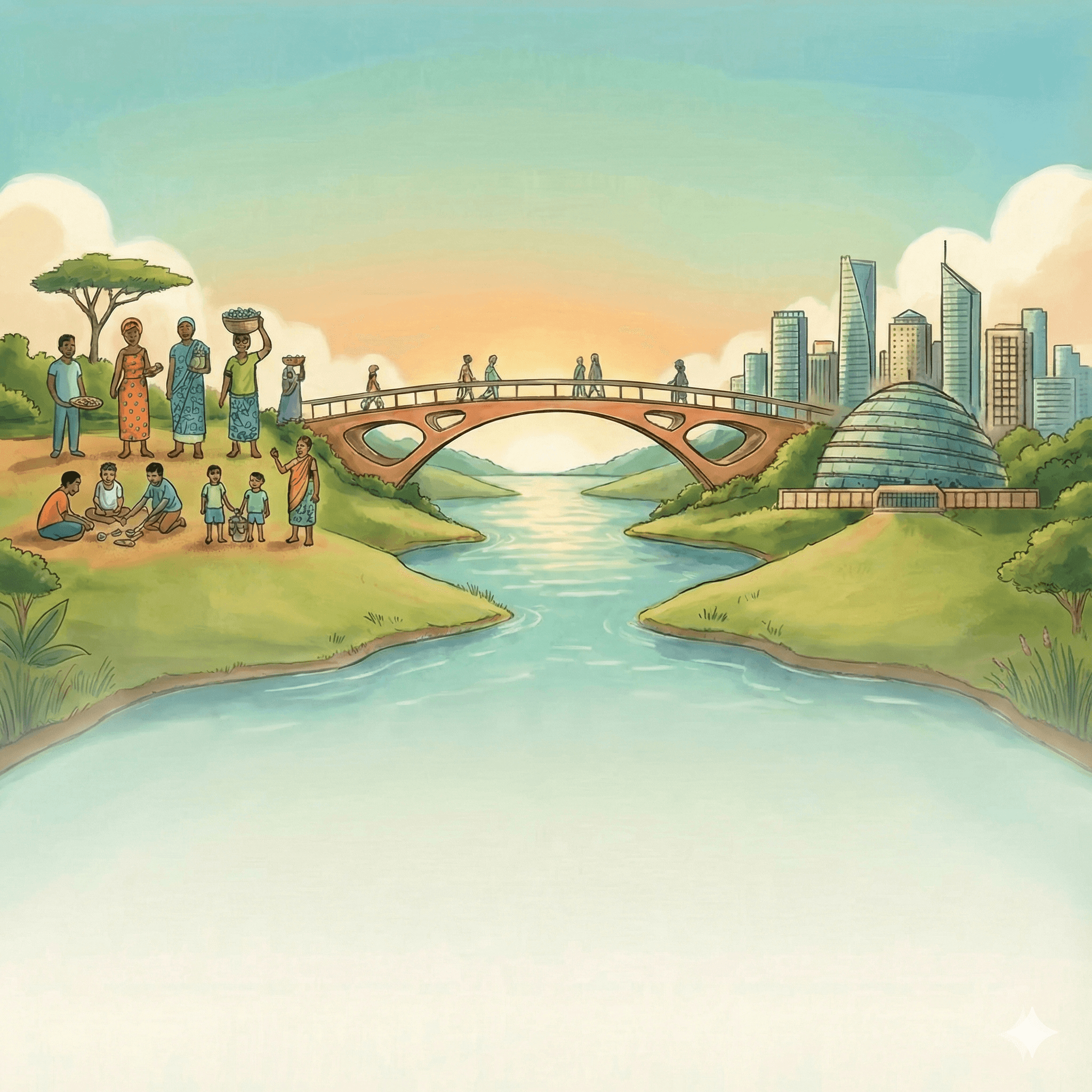 Illustrated bridge connecting a vibrant community to a modern city skyline, symbolizing Gardner Group's mission to build technical bridges