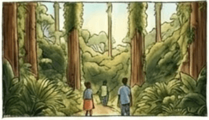 Children walking on a path through a lush forest